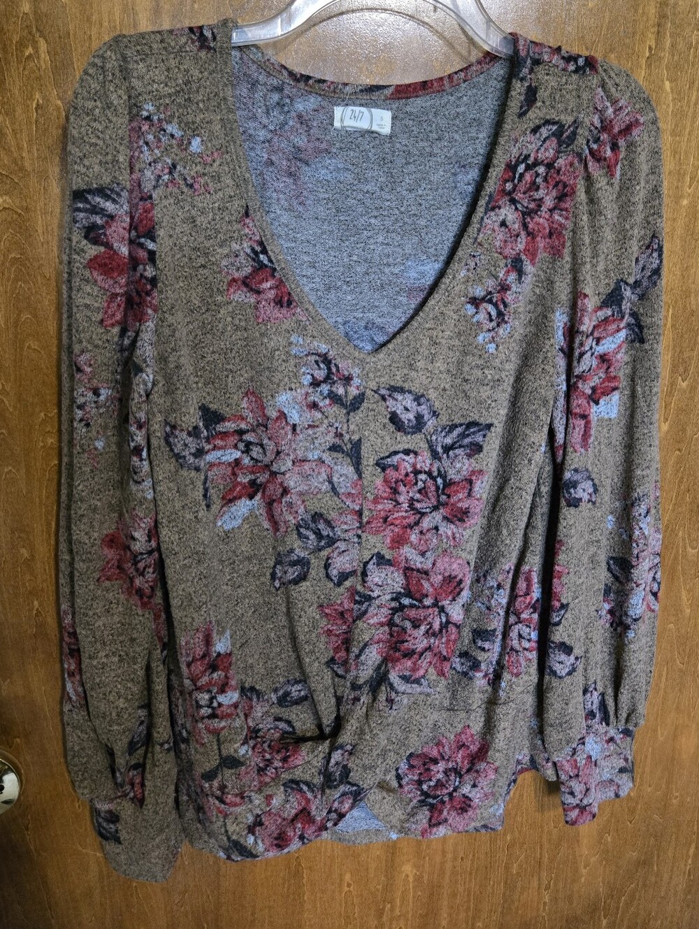 Maurices Floral V-Neck Long Sleeve Top - Brown with Pink Roses